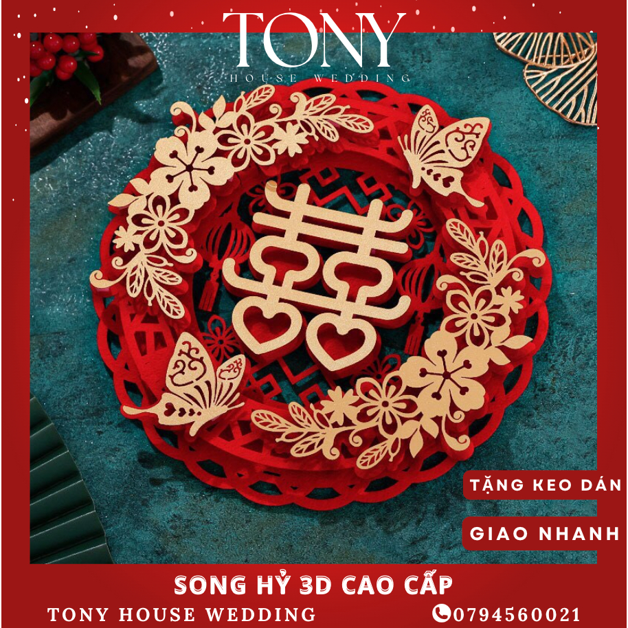 SONG HỶ 3D CAO CẤP TRANG TRÍ ĐÁM CƯỚI - tặng keo dán