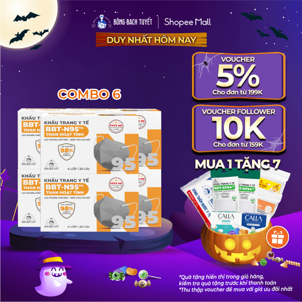 Combo 6 Hộp khẩu trang Bông Bạch Tuyết N95 than hoạt tính (20 cái/hộp)