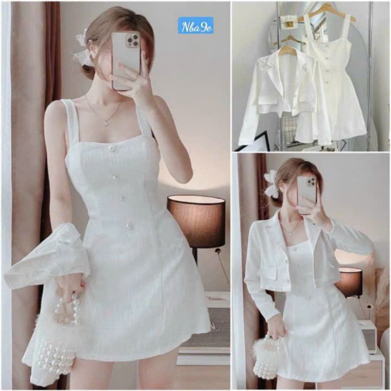 SET VÁY DẠ 2 DÂY KÈM ÁO KHOÁC DỰ TIỆC, DẠO PHỐ CAO CẤP