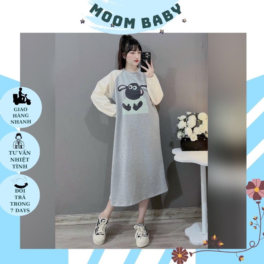 VÁY BẦU DÁNG SUÔNG V297 CHẤT NỈ MỀM MẠI HÌNH IN NGỘ NGHĨNH CHO MẸ BẦU