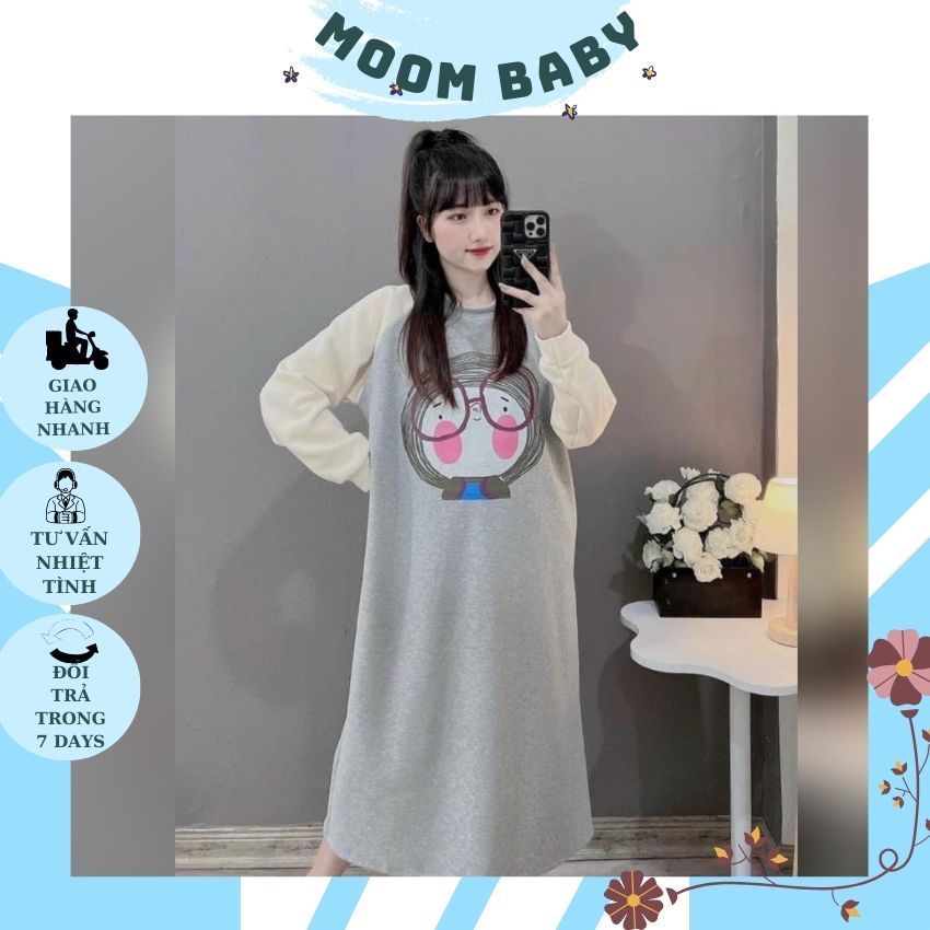 VÁY BẦU DÁNG SUÔNG V297 CHẤT NỈ MỀM MẠI HÌNH IN NGỘ NGHĨNH CHO MẸ BẦU