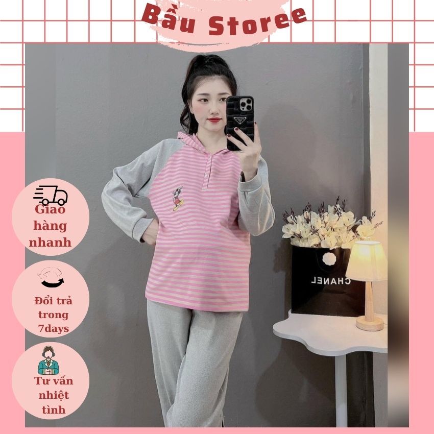 BỘ BẦU THU ĐÔNG V293 CHẤT NỈ DA CÁ ÁO CÓ MŨ THIẾT KẾ  THÊM ÁO KẺ TRẺ TRUNG NĂNG ĐỘNG CHO MẸ BẦU