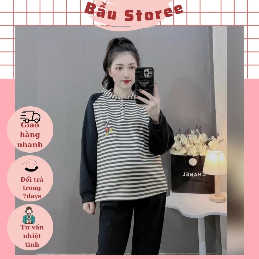 BỘ BẦU THU ĐÔNG V293 CHẤT NỈ DA CÁ ÁO CÓ MŨ THIẾT KẾ  THÊM ÁO KẺ TRẺ TRUNG NĂNG ĐỘNG CHO MẸ BẦU