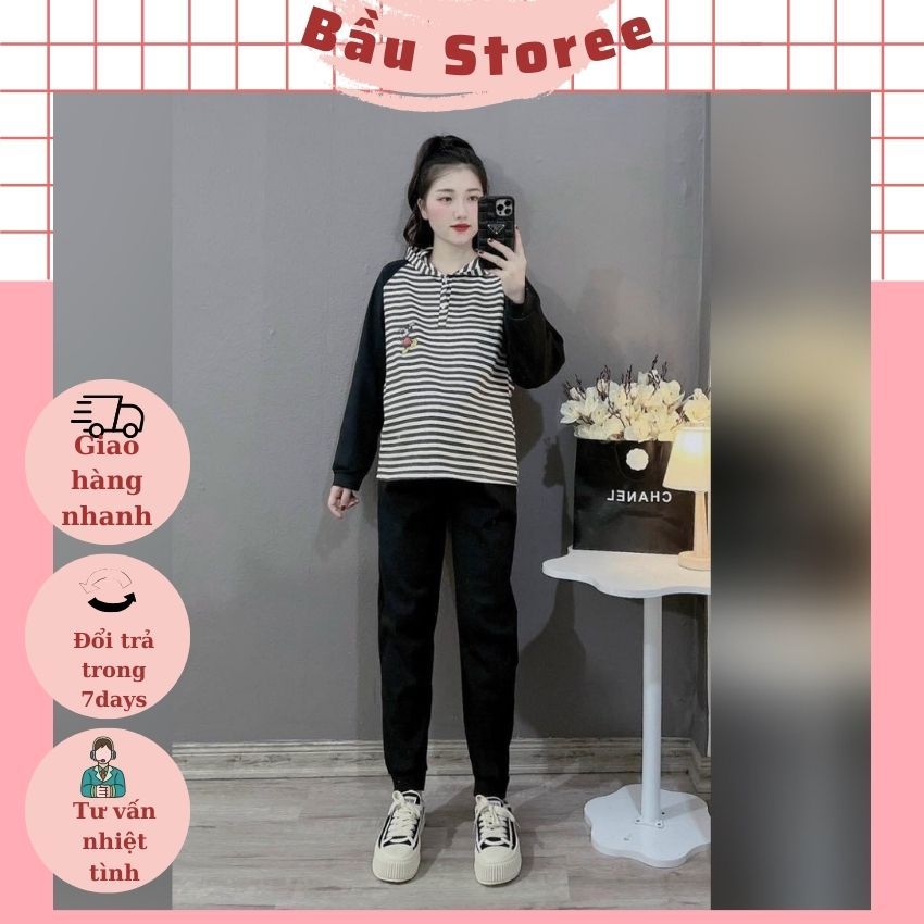 BỘ BẦU THU ĐÔNG V293 CHẤT NỈ DA CÁ ÁO CÓ MŨ THIẾT KẾ  THÊM ÁO KẺ TRẺ TRUNG NĂNG ĐỘNG CHO MẸ BẦU