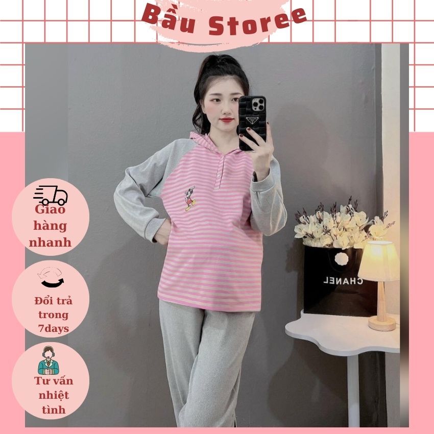 BỘ BẦU THU ĐÔNG V293 CHẤT NỈ DA CÁ ÁO CÓ MŨ THIẾT KẾ  THÊM ÁO KẺ TRẺ TRUNG NĂNG ĐỘNG CHO MẸ BẦU