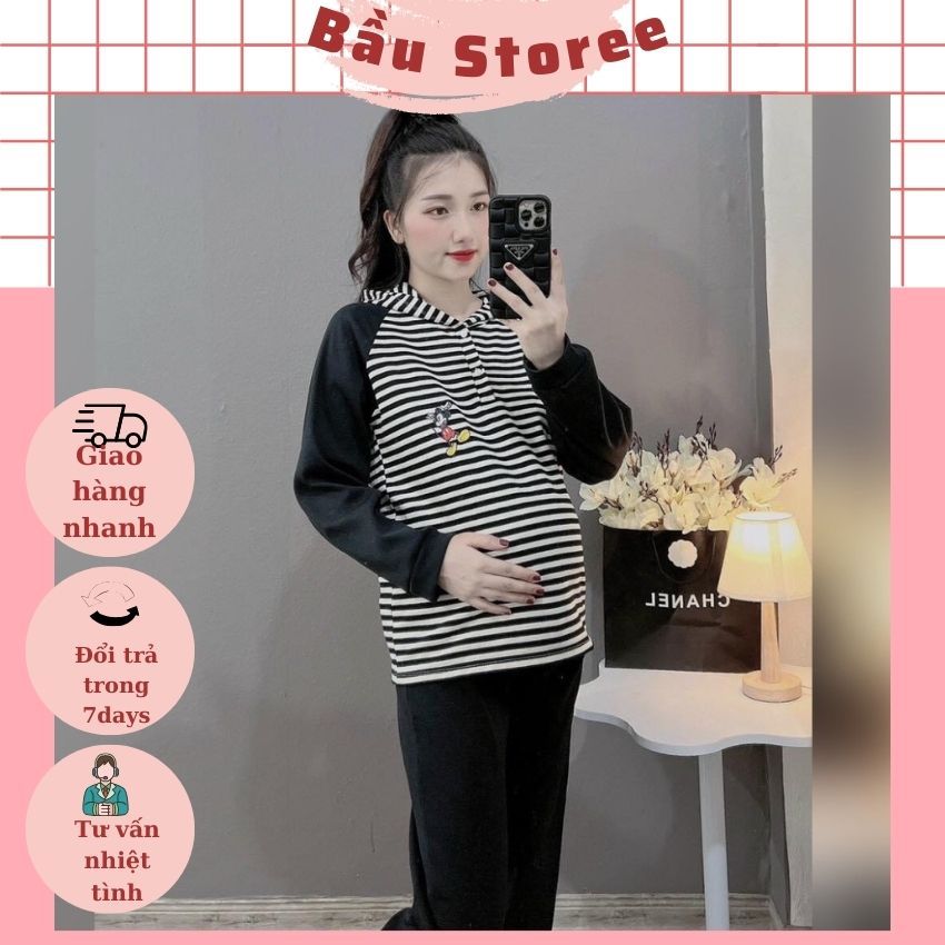 BỘ BẦU THU ĐÔNG V293 CHẤT NỈ DA CÁ ÁO CÓ MŨ THIẾT KẾ  THÊM ÁO KẺ TRẺ TRUNG NĂNG ĐỘNG CHO MẸ BẦU