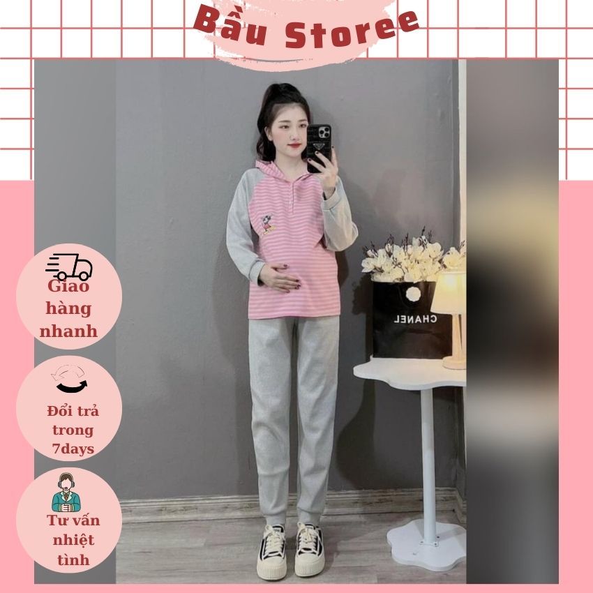 BỘ BẦU THU ĐÔNG V293 CHẤT NỈ DA CÁ ÁO CÓ MŨ THIẾT KẾ  THÊM ÁO KẺ TRẺ TRUNG NĂNG ĐỘNG CHO MẸ BẦU