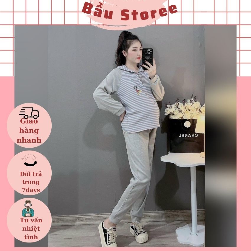 BỘ BẦU THU ĐÔNG V293 CHẤT NỈ DA CÁ ÁO CÓ MŨ THIẾT KẾ  THÊM ÁO KẺ TRẺ TRUNG NĂNG ĐỘNG CHO MẸ BẦU