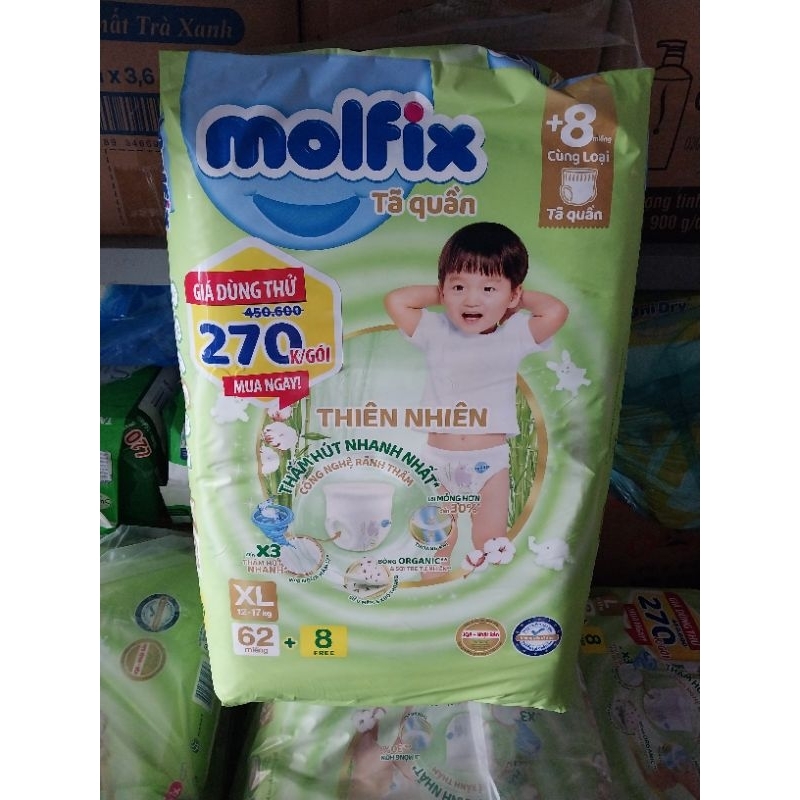Tã/bỉm  quần Molfix thiên nhiên size M76+8/L68+8/XL62+8/XXL56+8/XXXL24+6 miếng