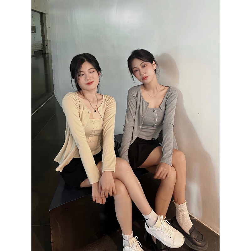 Bộ croptop thun tăm dài tay kèm khoác ngoài trơn màu Ulzzang