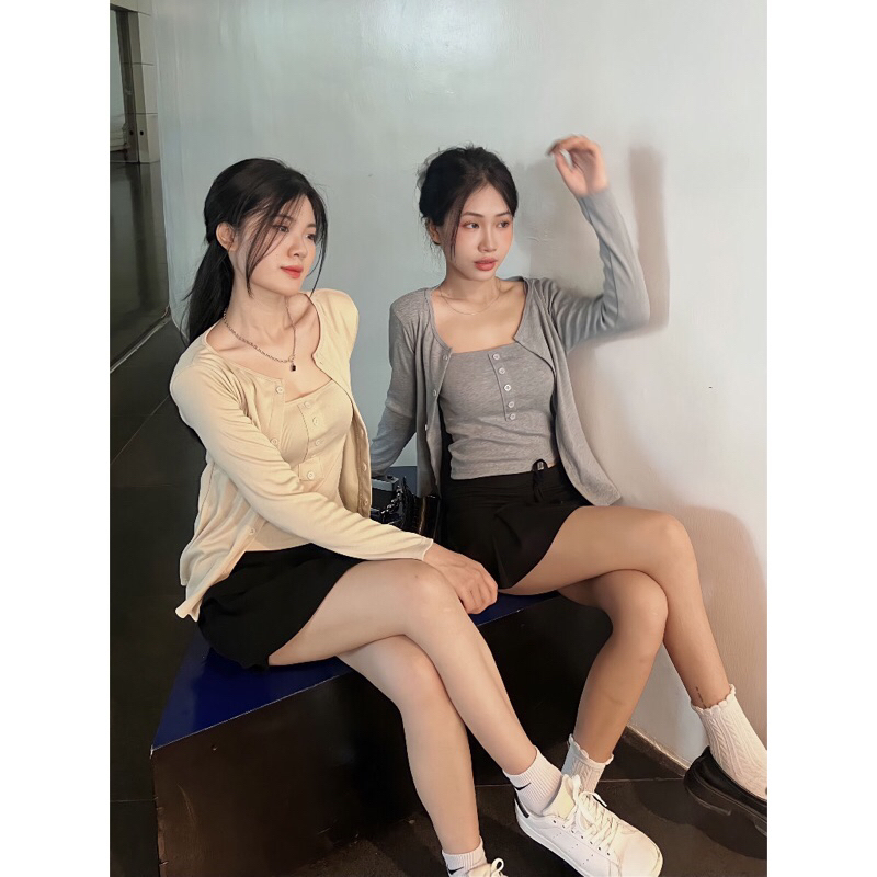 Bộ croptop thun tăm dài tay kèm khoác ngoài trơn màu Ulzzang