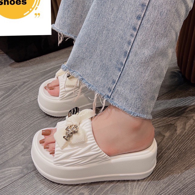 ( Lên 1 size ) Dép Quai Ngang Phối Nơ Đế Cao Su Dày 4-5Cm Quảng Châu 6108
