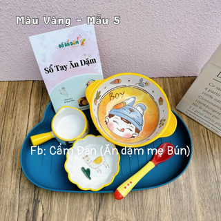 Set bát sứ, chén sứ ăn dặm kiểu nhật màu vàng tặng thìa báo nóng đồ dùng ăn dặm từ 5 tháng cho bé