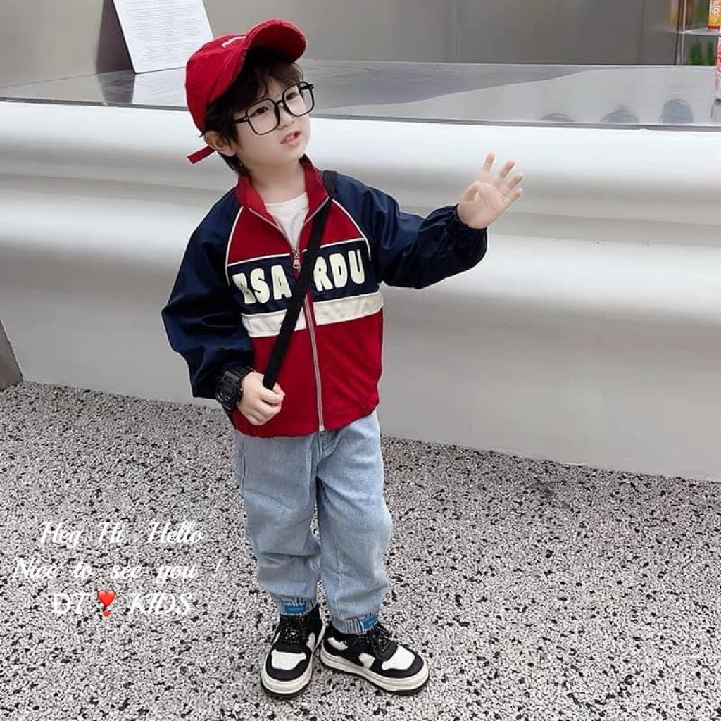 Áo khoác gió bomber phối 2 màu cho bé trai, bé gái 10-20kg
