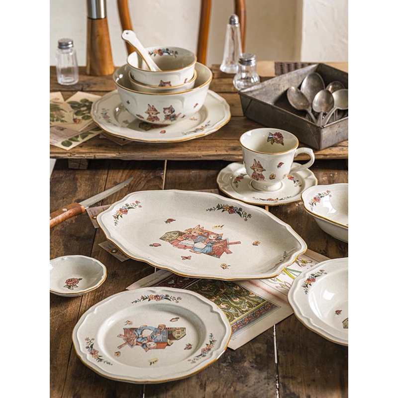 Set bát đĩa tách trà gốm thỏ hoa cổ tích vintage siêu phẩm