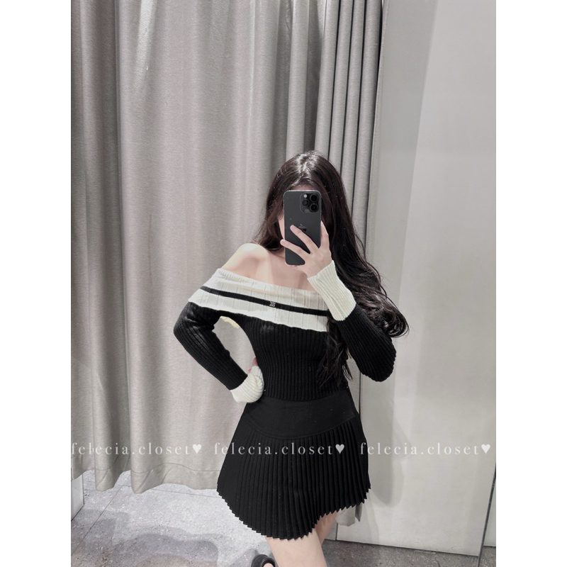 Áo len trễ vai viền kẻ