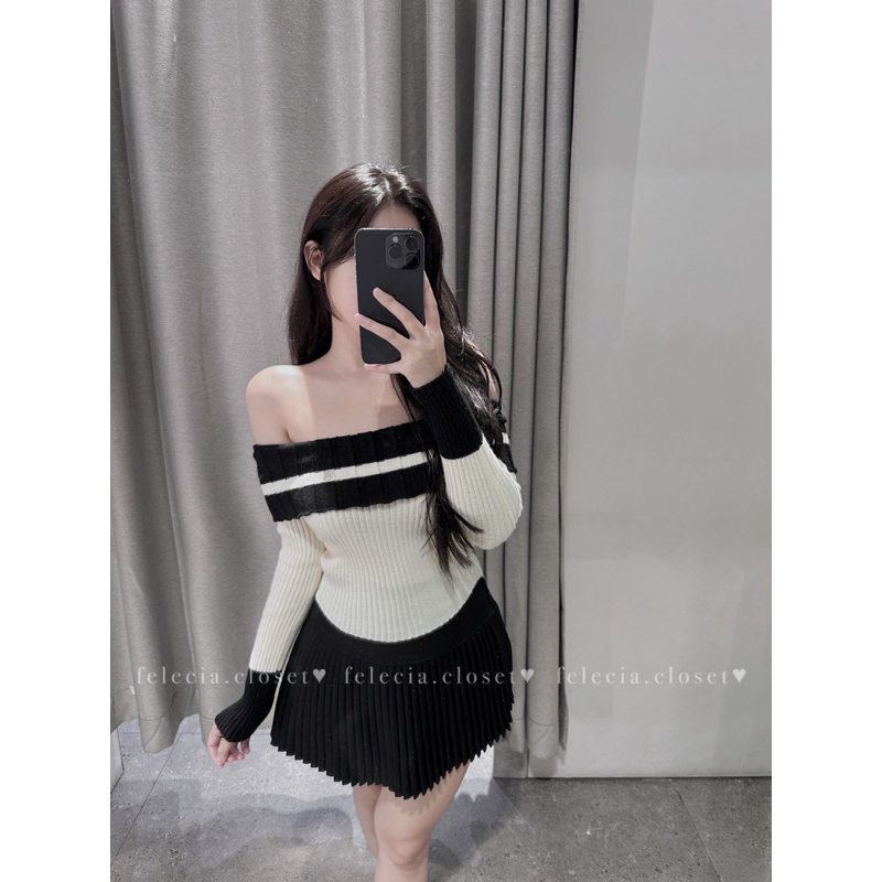 Áo len trễ vai viền kẻ