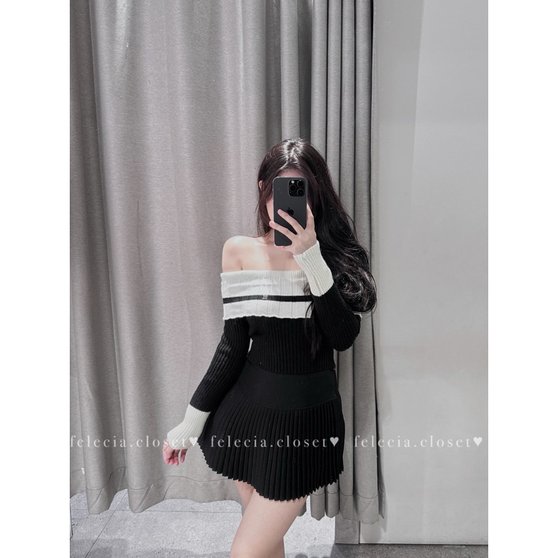 Áo len trễ vai viền kẻ