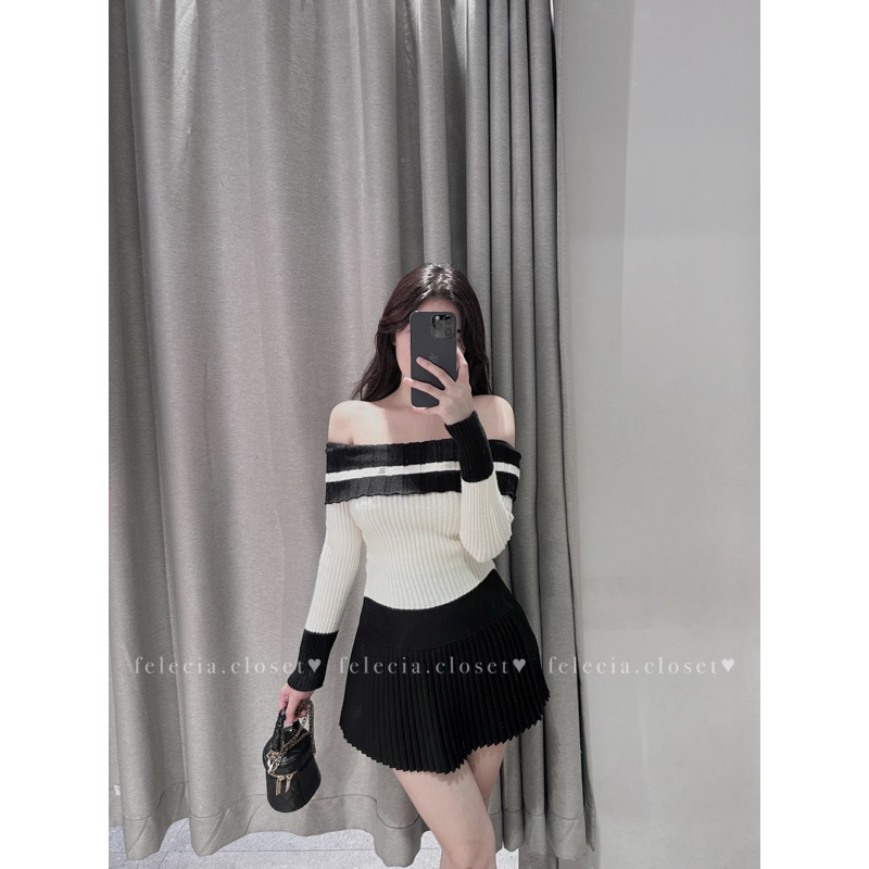 Áo len trễ vai viền kẻ