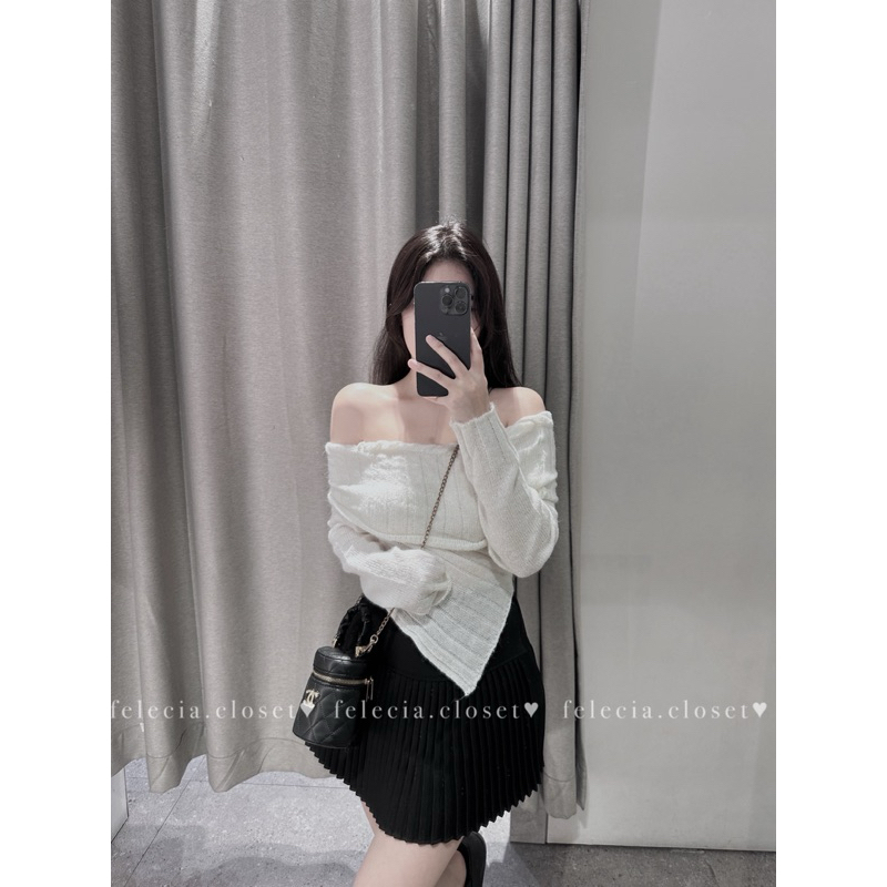 Áo len trễ vai vạt nhọn