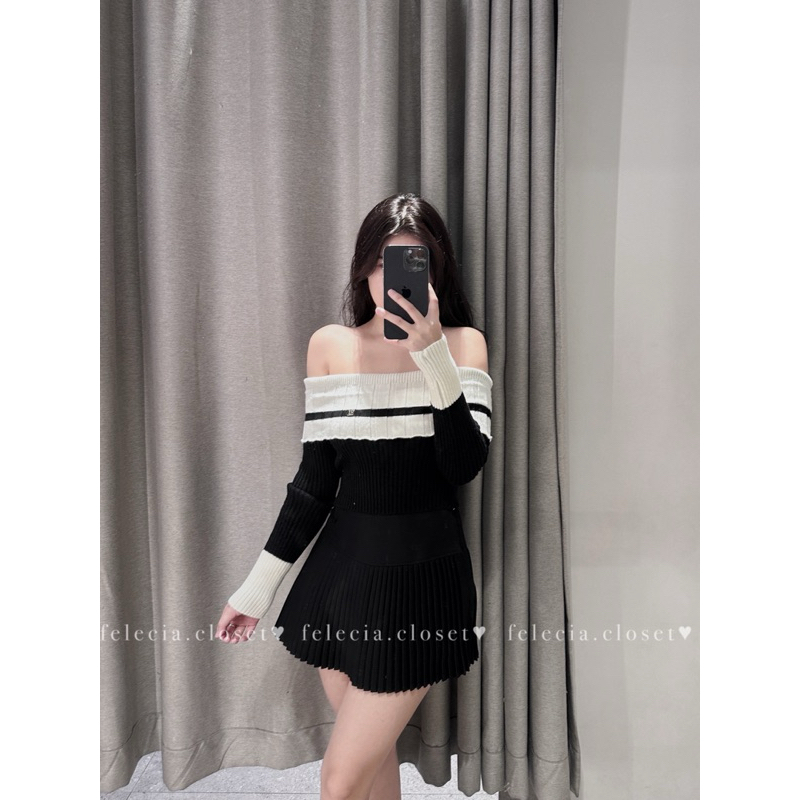 Áo len trễ vai viền kẻ