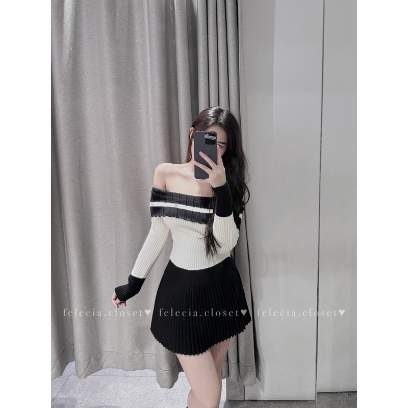 Áo len trễ vai viền kẻ