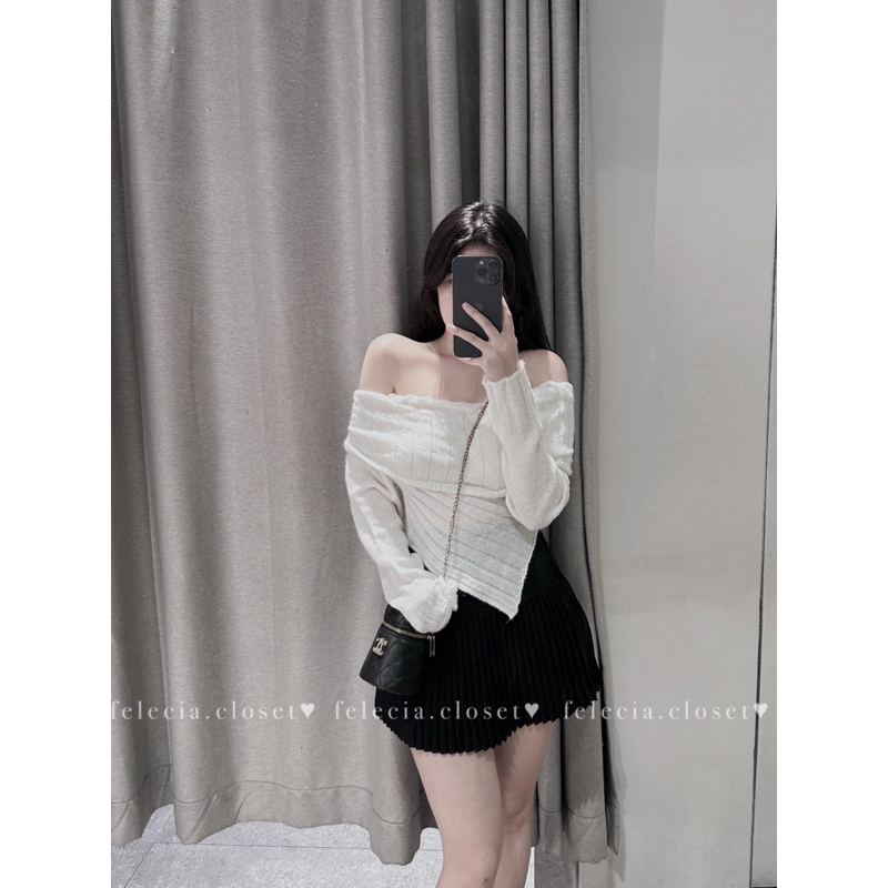 Áo len trễ vai vạt nhọn