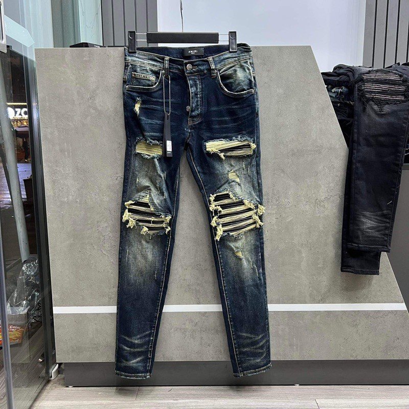 Quần AMIRI Xanh Vá Da Nhăn Bản Chuẩn 4 Khuy - Quần bò nam Amiri slimfit 4 cúc xanh sẫm Hót 2023
