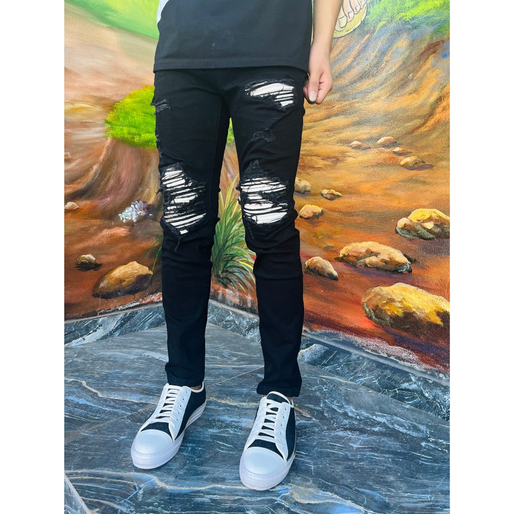 Quần bò jean nam dài đen rách kiểu vá gối trắng cá tính xu hướng bụi,màu vải bền chất co giãn tốt thoải mái