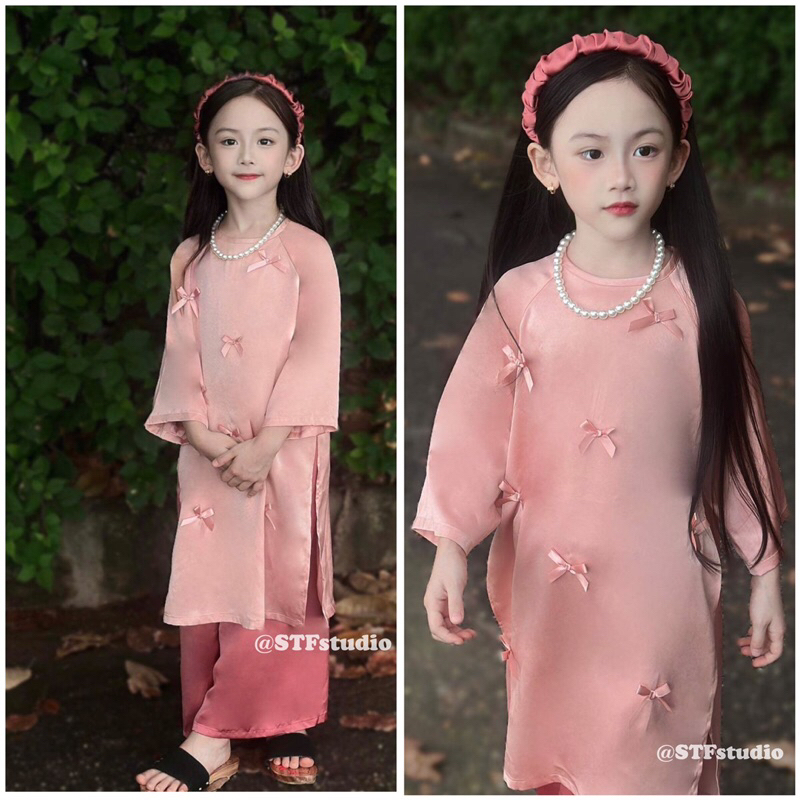 Áo Dài Lụa Bé Gái Cách Tân Màu Hồng Baby Đính Nơ Cute Kèm Bờm