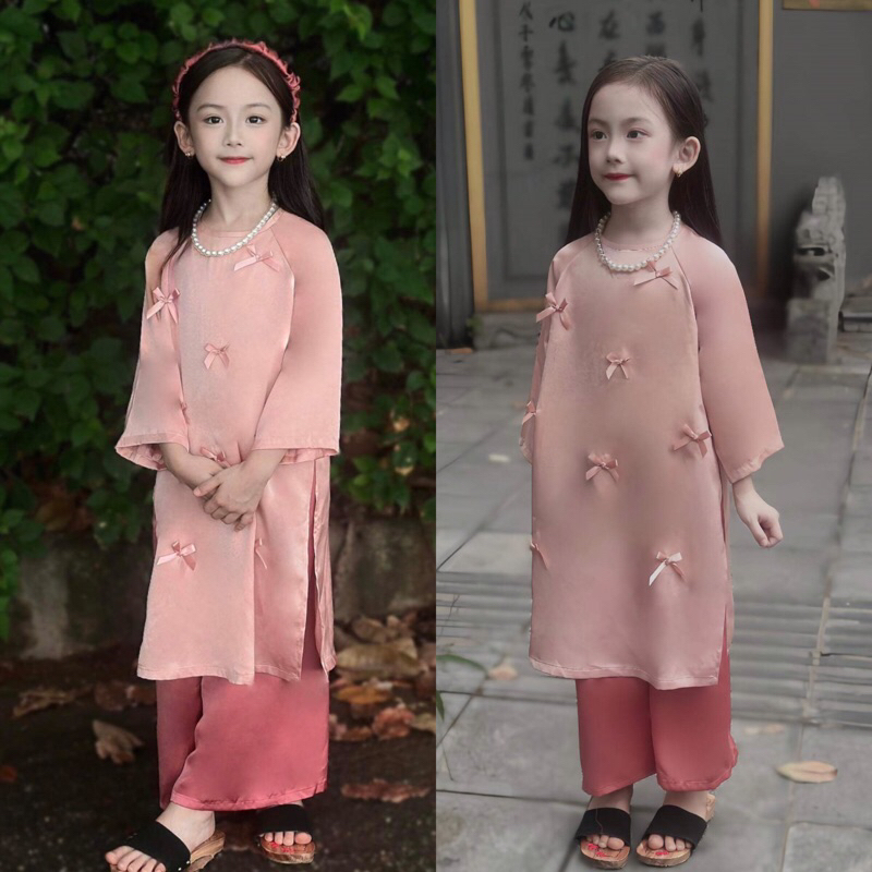 Áo Dài Lụa Bé Gái Cách Tân Màu Hồng Baby Đính Nơ Cute Kèm Bờm