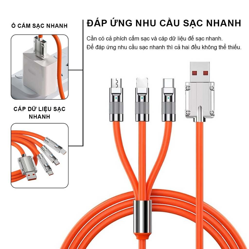 Dây Cáp Sạc Nhanh 120W 3 Trong 1, Hỗ Trợ Các Dòng Điện Thoại, Đảm Bảo An Toàn - XS Store