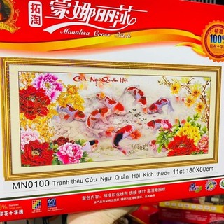 tranh thêu chữ thập cá chép hoa mẫu đơn cửu ngư quần hội