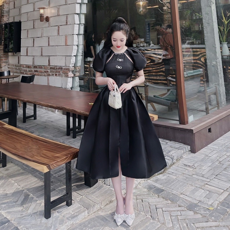 Váy Tapta Xẻ Chân Phối Thân Ren Nơ Eo