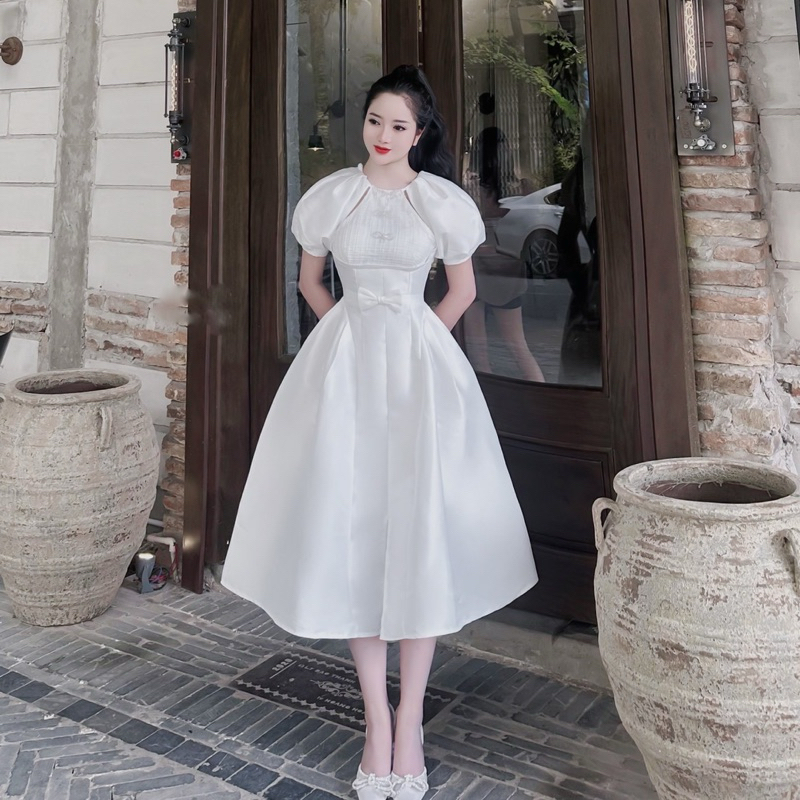 Váy Tapta Xẻ Chân Phối Thân Ren Nơ Eo