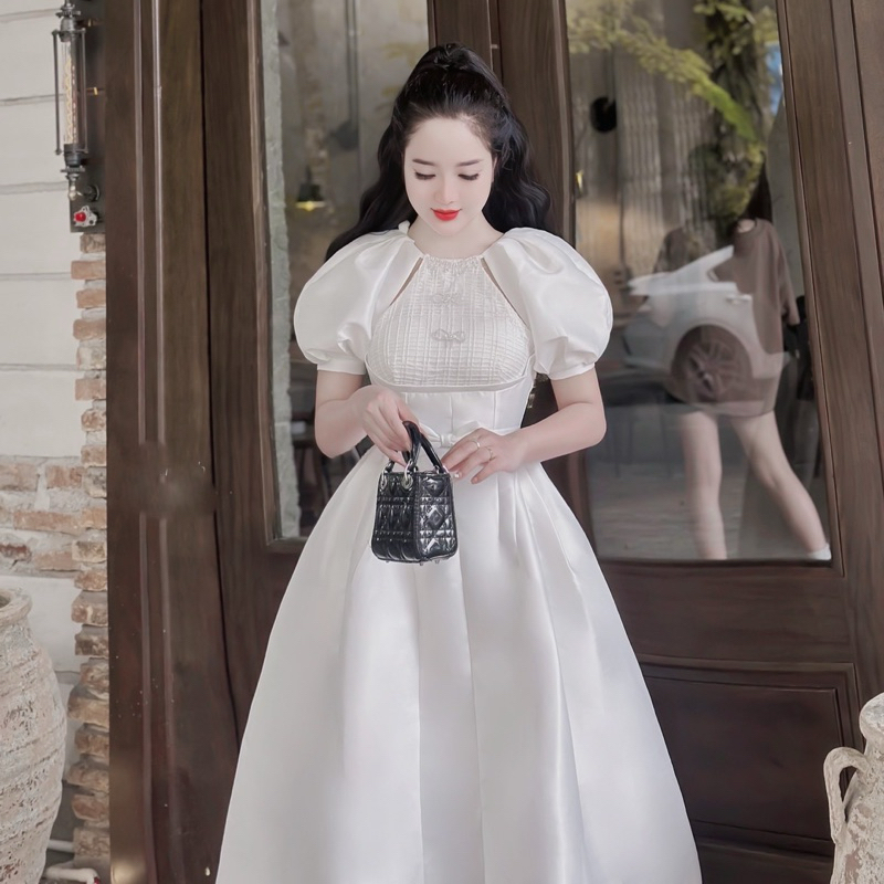 Váy Tapta Xẻ Chân Phối Thân Ren Nơ Eo