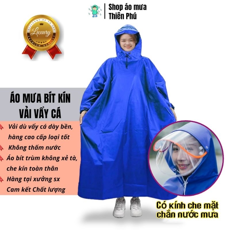 Áo mưa người lớn cao cấp có kính chắn nước che mặt, thiết kế bít người lớn đi xe máy, Vải dù da cá loại dày chống thấm