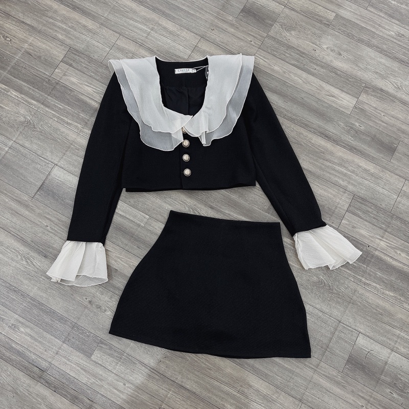 Set Dạ Cổ Bèo Tay Loe Mix Chân Váy Chữ A Hàng 2 Lớp ,Set Áo Sơmi tiểu thư Khuy Ngọc Tay Dài Mix Chân Váy MS 09