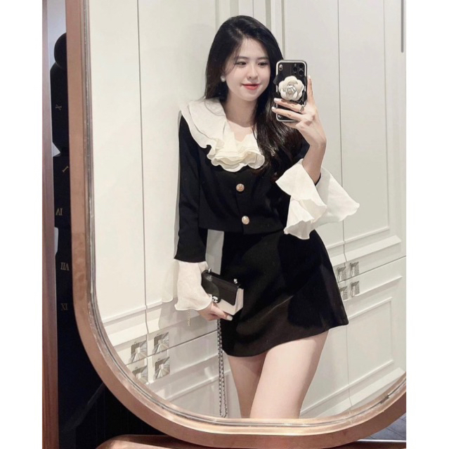 Set Dạ Cổ Bèo Tay Loe Mix Chân Váy Chữ A Hàng 2 Lớp ,Set Áo Sơmi tiểu thư Khuy Ngọc Tay Dài Mix Chân Váy MS 09