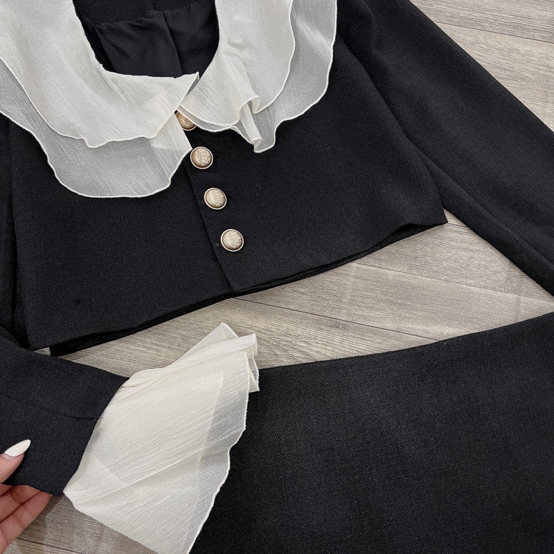 Set Dạ Cổ Bèo Tay Loe Mix Chân Váy Chữ A Hàng 2 Lớp ,Set Áo Sơmi tiểu thư Khuy Ngọc Tay Dài Mix Chân Váy MS 09