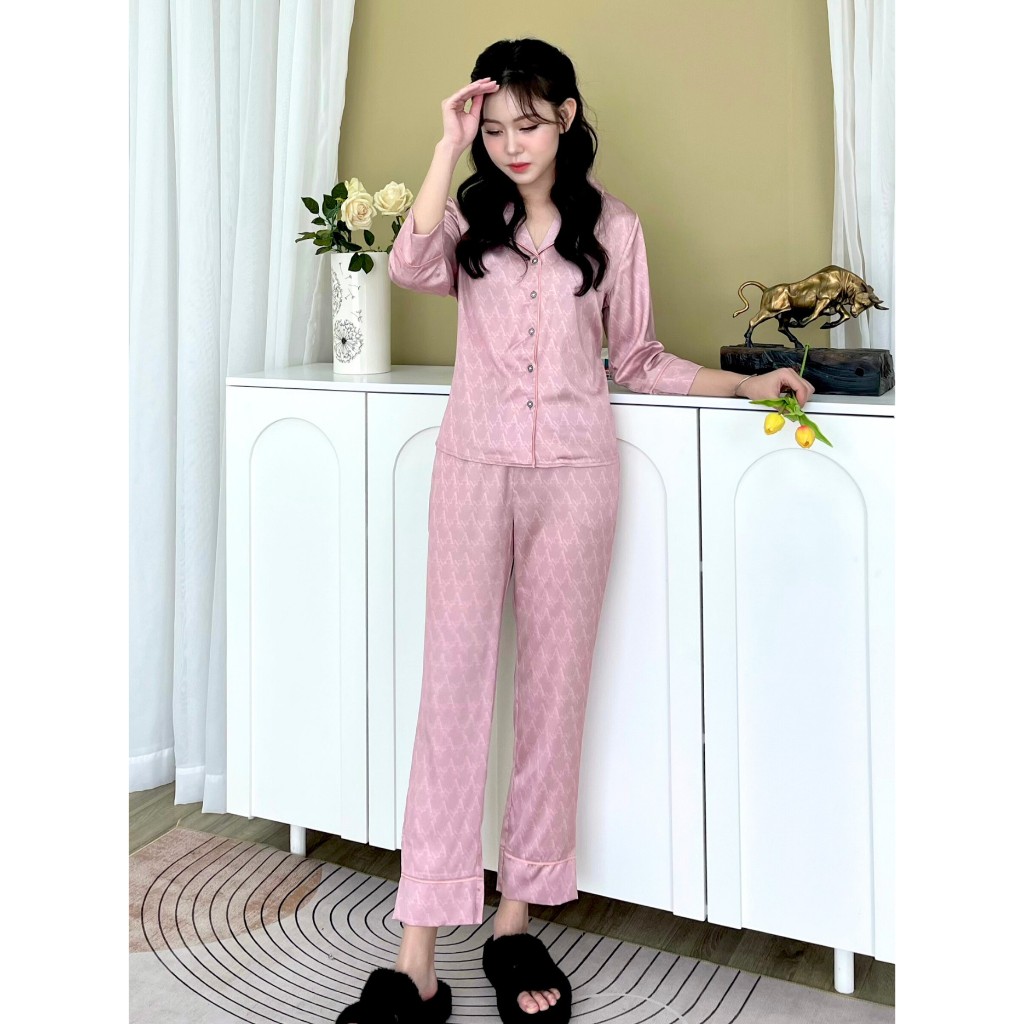 Bộ đồ ngủ mặc nhà ANNA cao cấp dáng áo dài quần dài thu đông chất lụa LUXURY mềm nhẹ họa tiết chữ ANNA