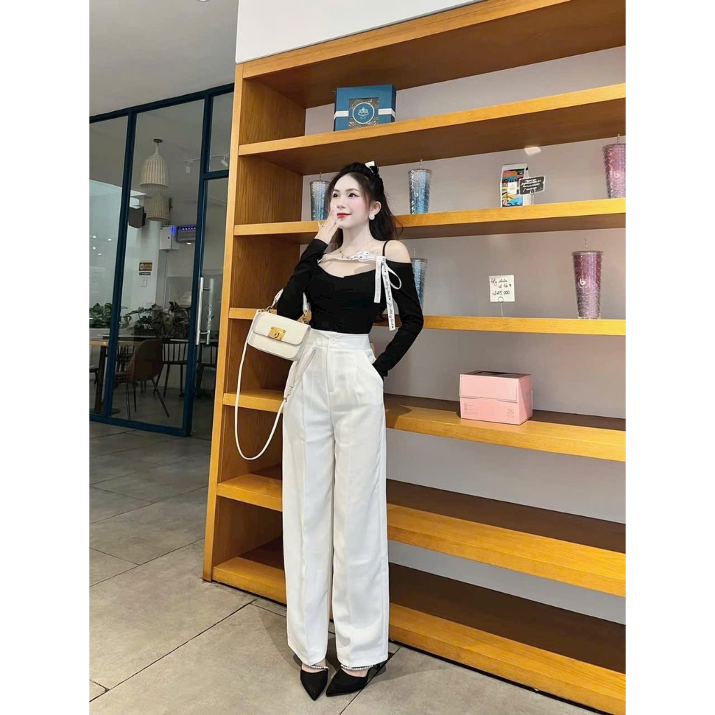 Sét đồ bộ nữ mặc đi chơi dễ thương áo thun gân mát hai dây tay dài mix quần dài tuyết mưa ống đứng tôn dáng