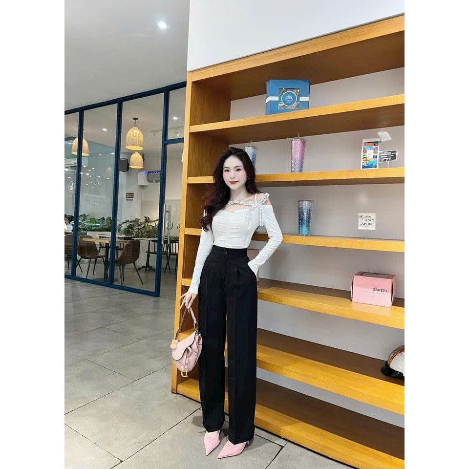 Sét đồ bộ nữ mặc đi chơi dễ thương áo thun gân mát hai dây tay dài mix quần dài tuyết mưa ống đứng tôn dáng