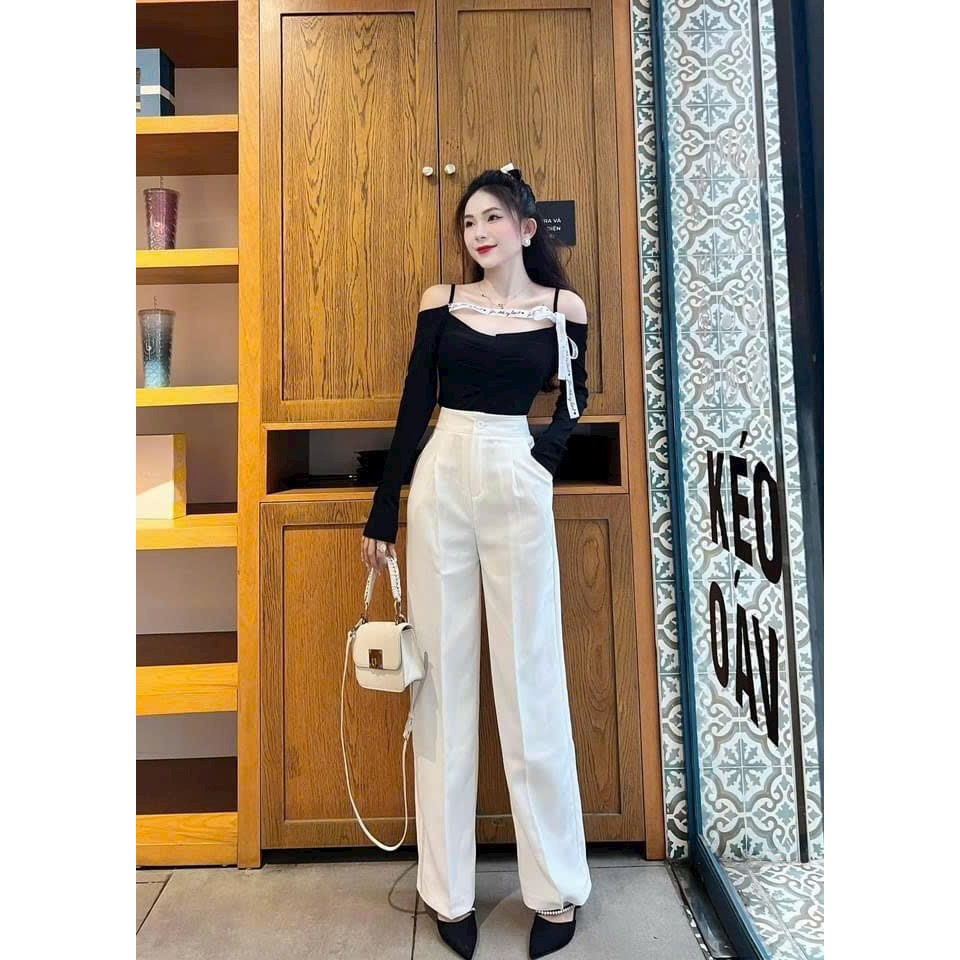 Sét đồ bộ nữ mặc đi chơi dễ thương áo thun gân mát hai dây tay dài mix quần dài tuyết mưa ống đứng tôn dáng