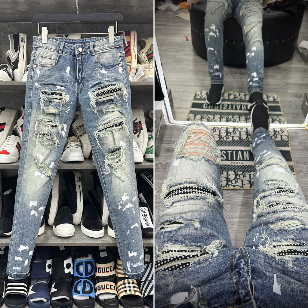 Quần jean bò nam Amiri slimfit xanh rách tua đùi gối vá vải đính đá bạc phối vảy sơn phong cách boy phố hot trend MS 15