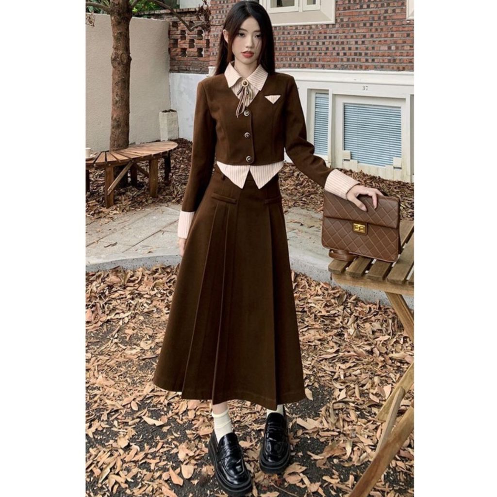 Set áo dài tay kèm chân váy xếp ly siêu xinh S.8747 dáng dài thanh lịch dày dặn sang trọng dự tiếc forgirl - BENNORA