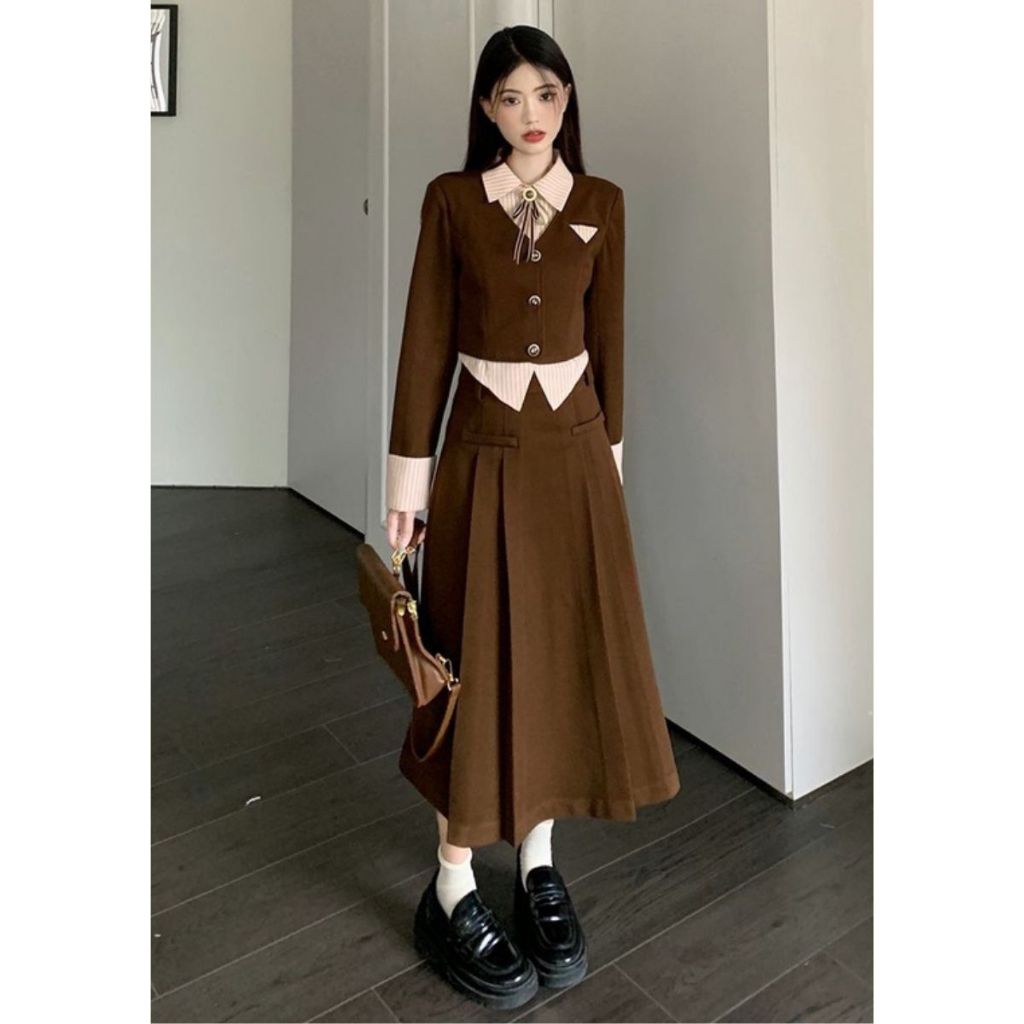Set áo dài tay kèm chân váy xếp ly siêu xinh S.8747 dáng dài thanh lịch dày dặn sang trọng dự tiếc forgirl - BENNORA