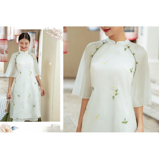 Áo dài cách tân bạch liên thêu hoa tay lỡ cao cấp