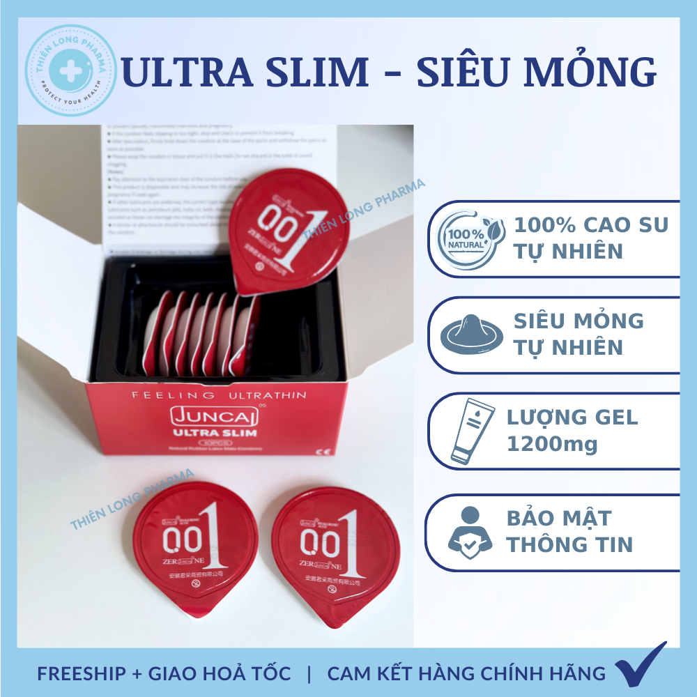 Bao cao su JUNCAI Ultra Slim 001 siêu mỏng, kéo dài thời gian, nhiều gel bôi trơn- Hộp 10 bcs