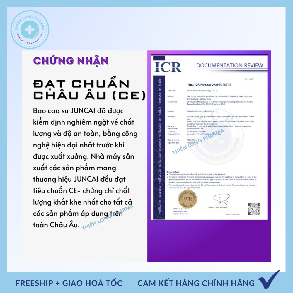 Bao cao su JUNCAI Ultra Slim 001 siêu mỏng, kéo dài thời gian, nhiều gel bôi trơn- Hộp 10 bcs